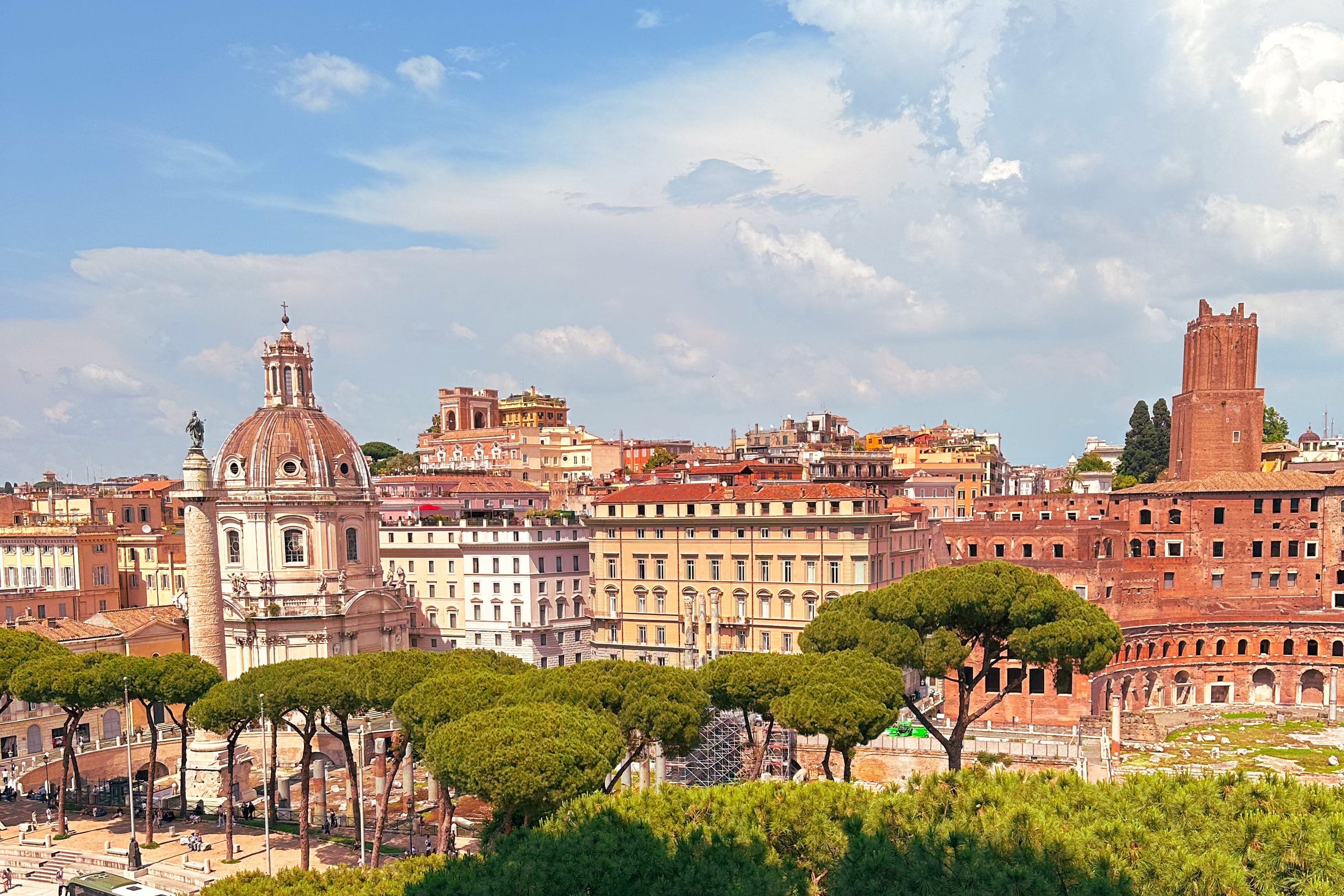 The domes and rooftops of Rome above the umbrella pines of the Imperial Forums