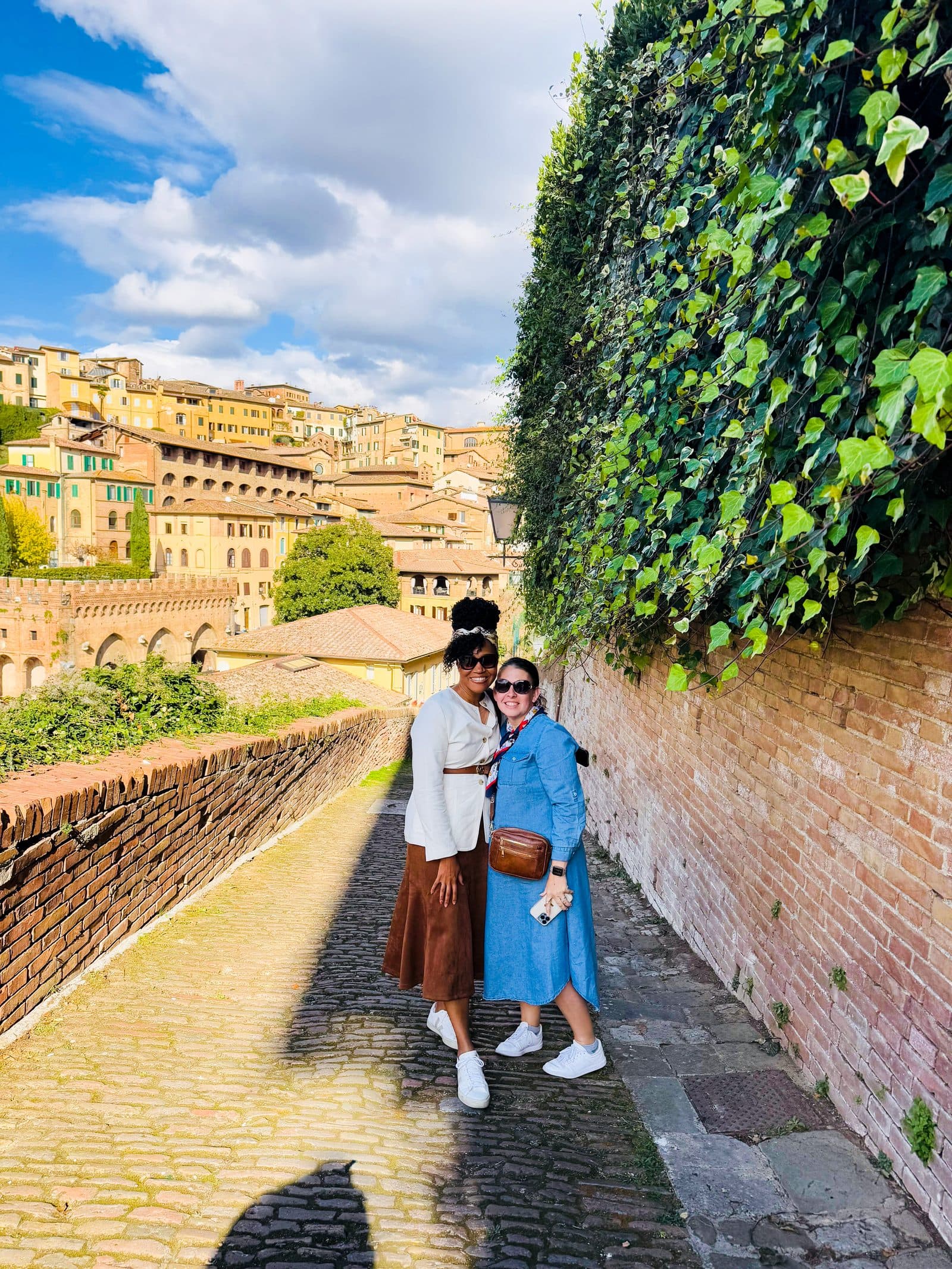 A steep Siena street running down between brick buildings towards the rooftops