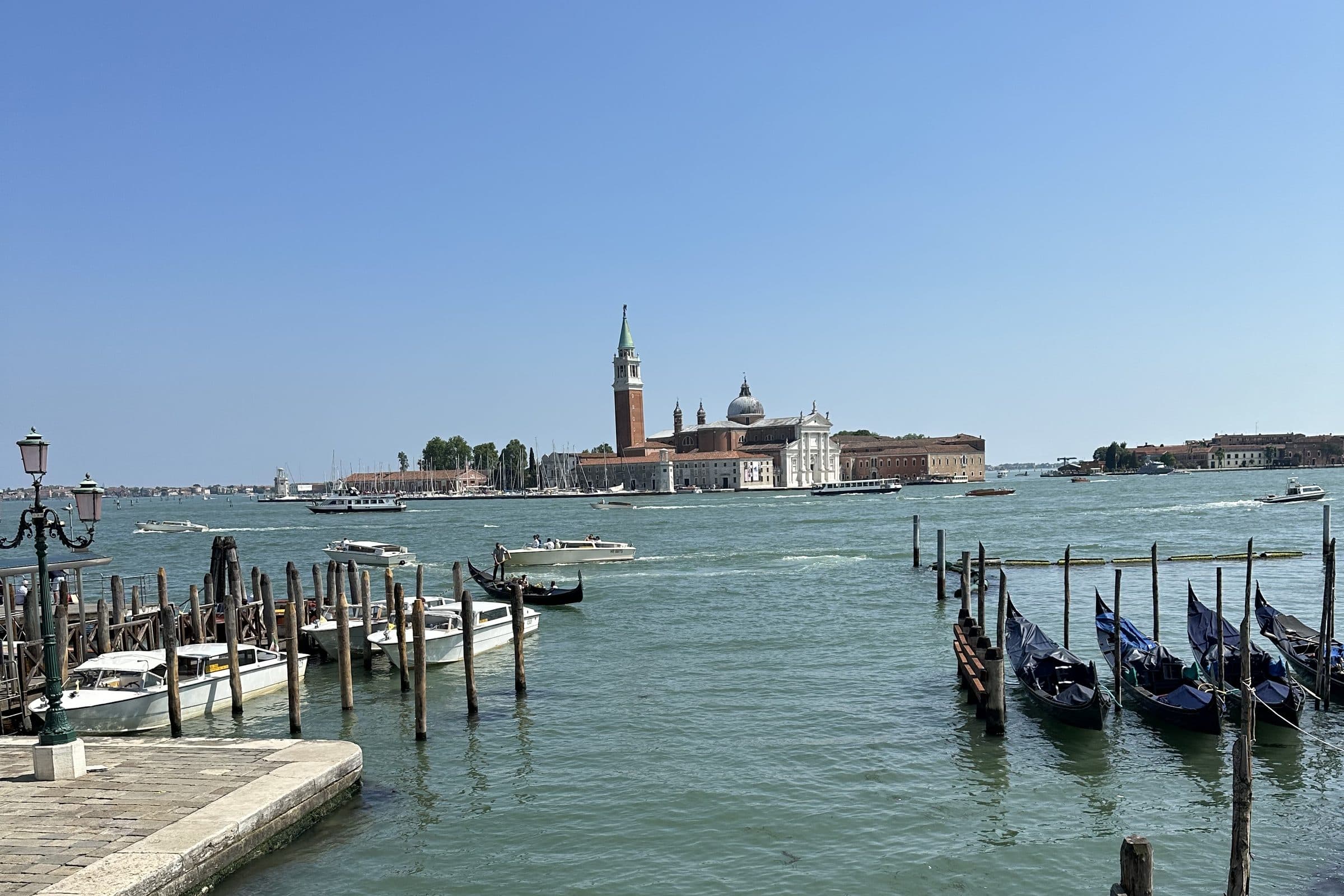 San Giorgio Maggiore across the water with gondolas moored in the foreground