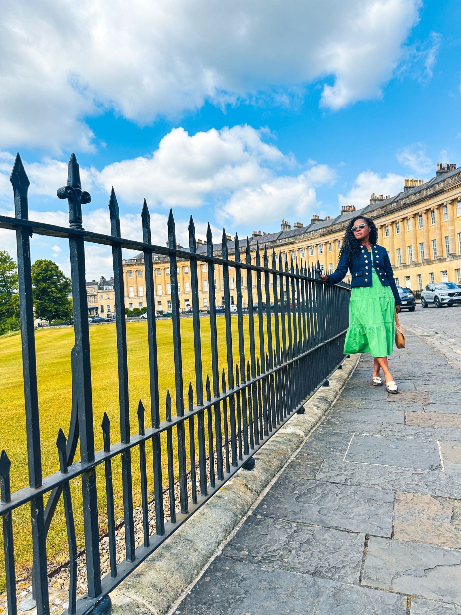The Royal Crescent in Bath seen along the railings above the lawn