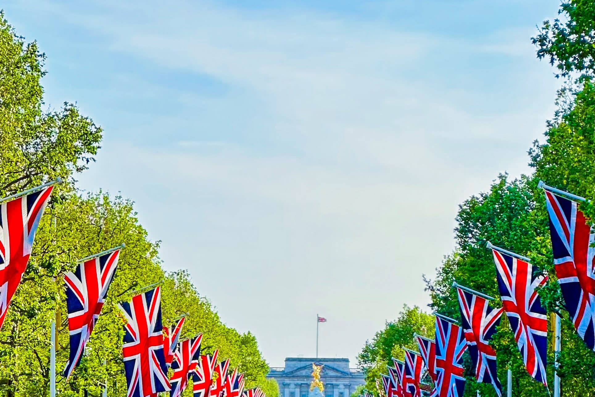 The Mall in London lined with Union Jacks, looking down the empty avenue towards Buckingham Palace
