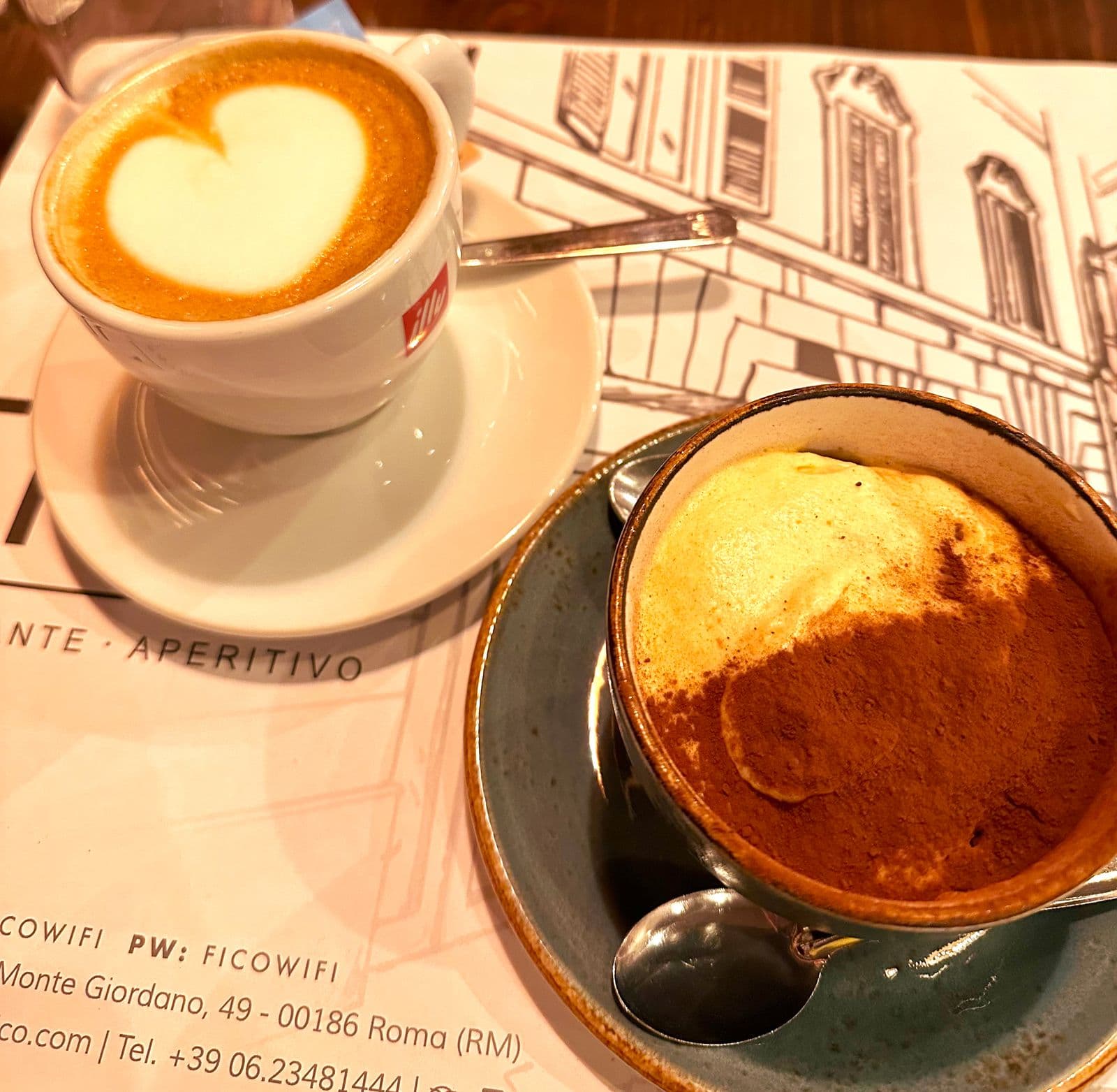 A cappuccino with a heart in the foam on a café table in Rome